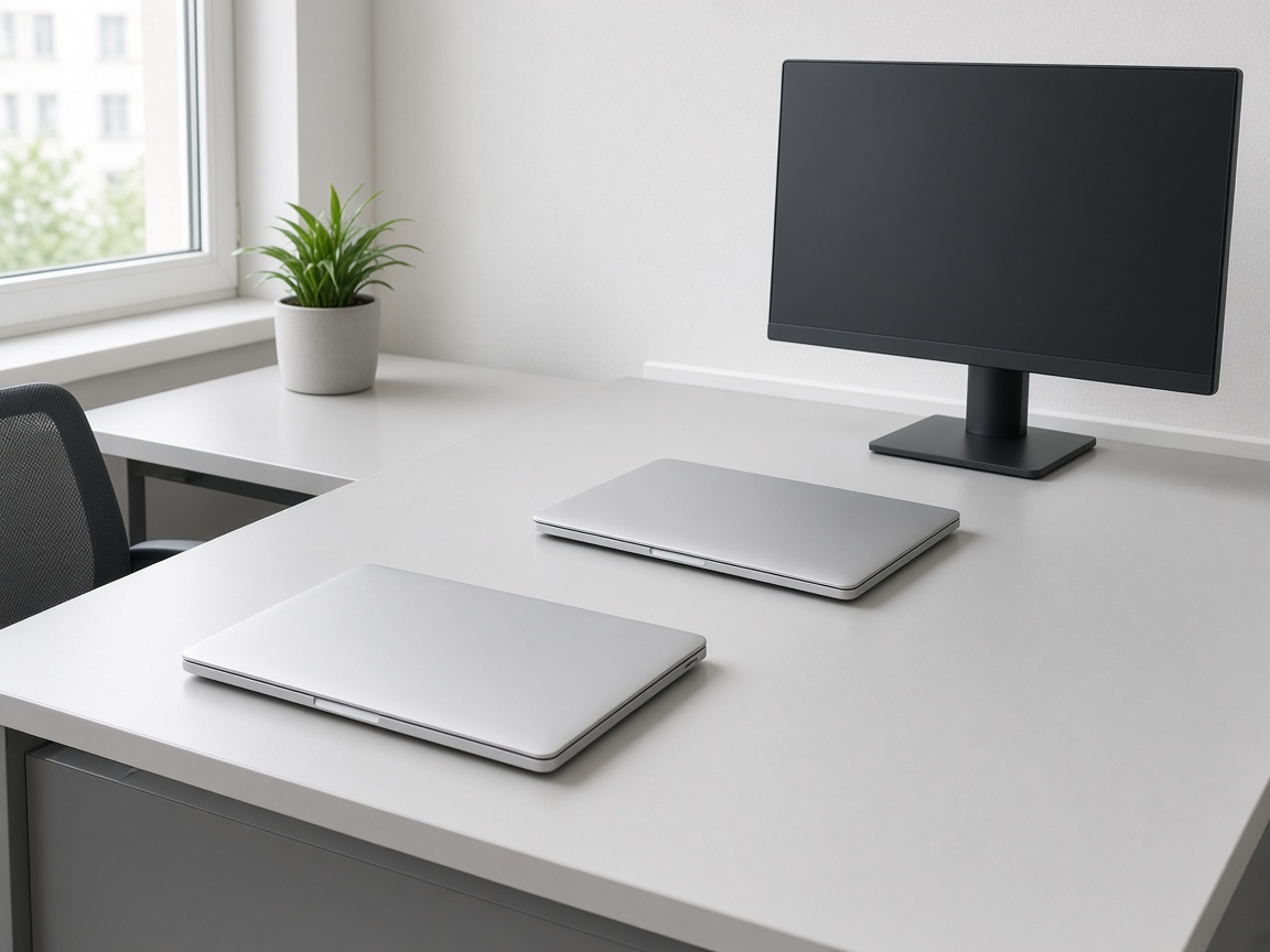 Laptops and a monitor on a bright office desk