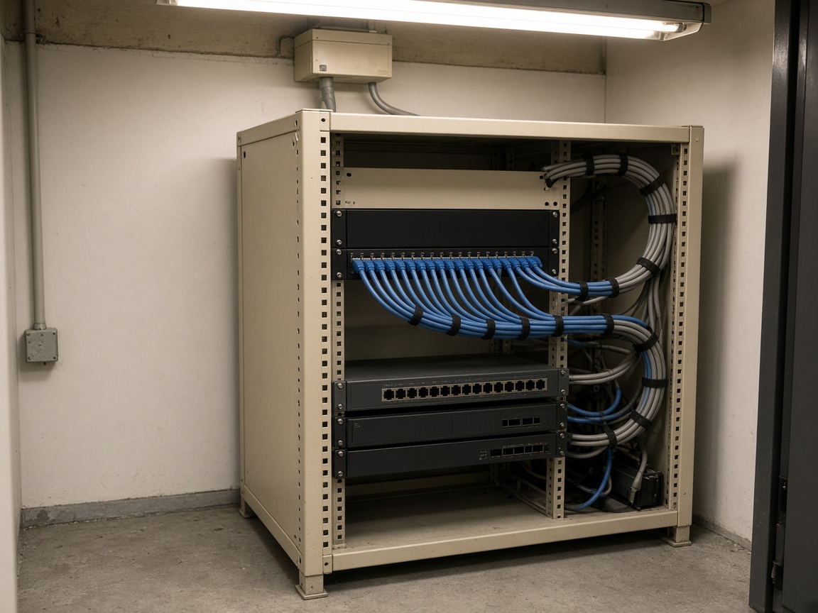 Network closet with dressed cables